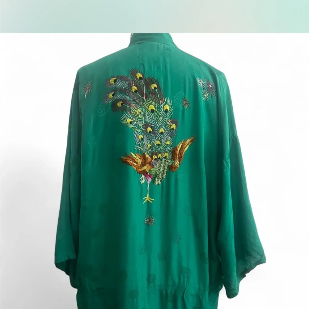 Golden Bee Green traditional vintage Chinese Kimono with Peacock Embroidery sz M - Picture 2 of 15